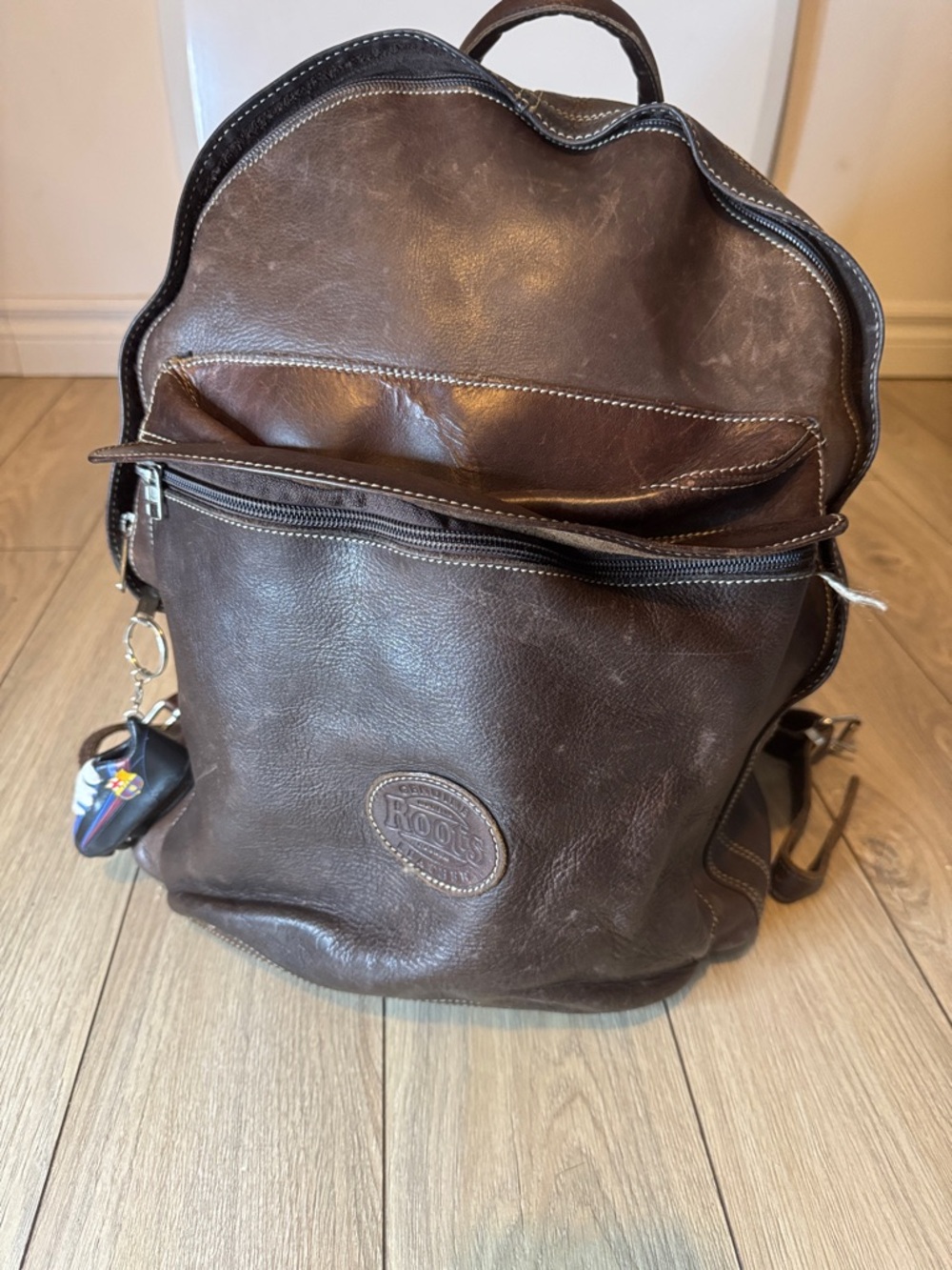 Roots Dark Brown Leather Backpack with Front Zip Pocket